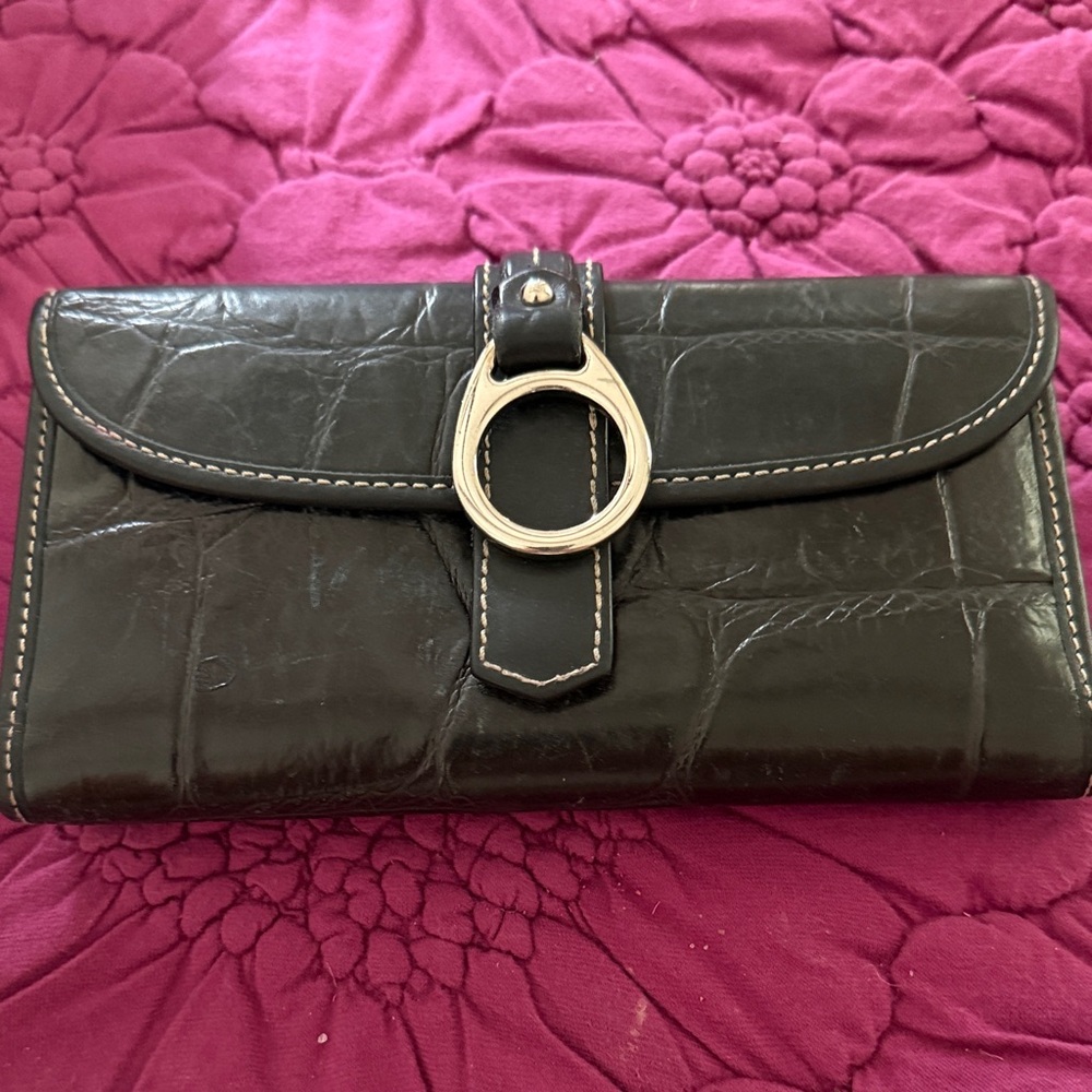 Dooney and Bourke Leather Clutch Wallet with Silver Ring Accent